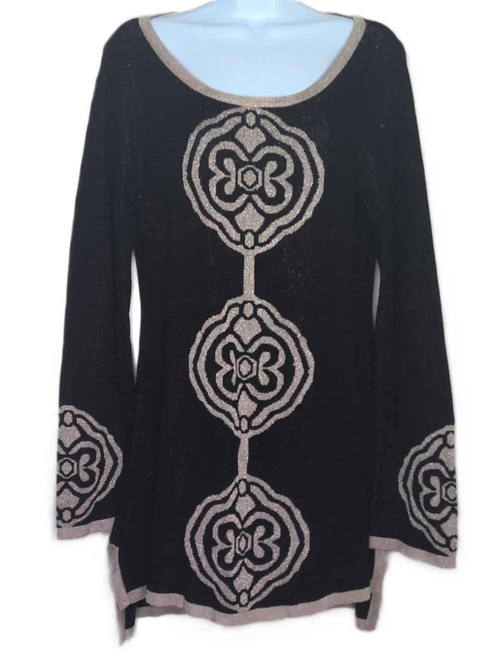 Arden B Dressy Black Knit Tunic Ornate Champagne Metallic Medallion Motif Sz L